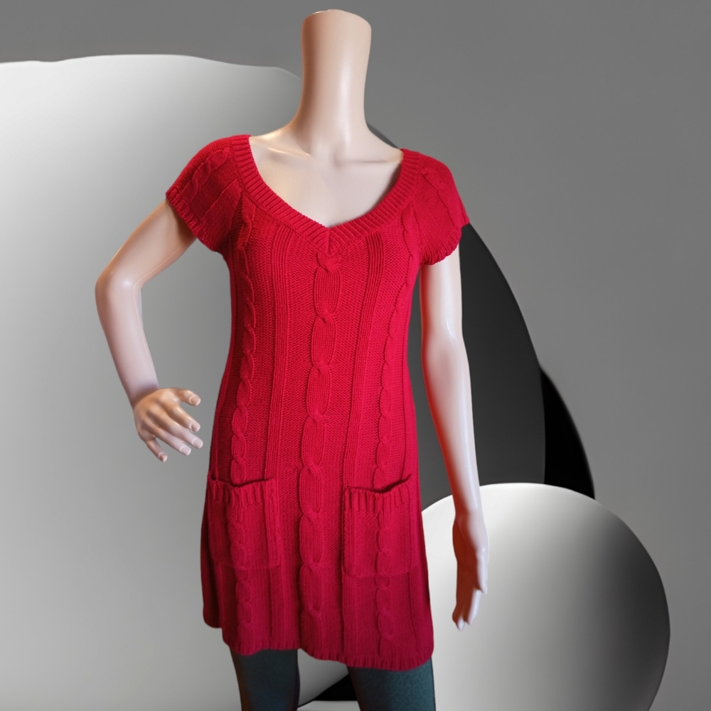 SEDUCTIONS Women's Red Cable Knit Sweater Tunic Dress